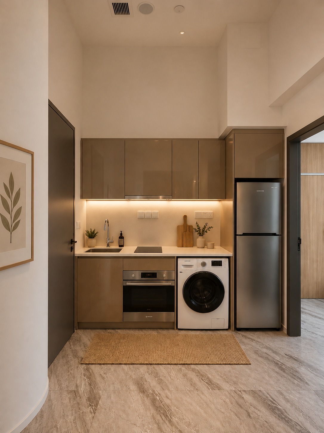 An AI-generated visualisation of an ISA X kitchen, with the washing machine every apartment has — photographs of the finished apartments will replace it.