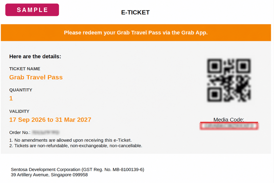 Sample Grab Travel Pass e-ticket, with the QR code and promo code blurred